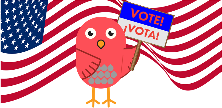 Birdie holding Vote! Vota sign