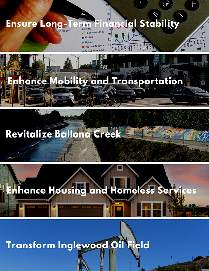 Ensure long-term financial stability; enhance mobility and transportation; revitalize Ballona Creek; enhance housing and homeless services; transform Inglewood Oil Field 
