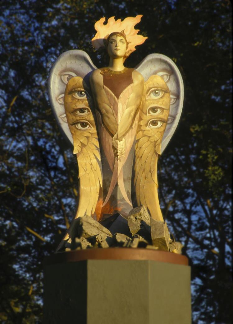 Photograph of commissioned public art installation by Alexey Steele titled "Angel of Unity" 2002, 120" h, mixed media