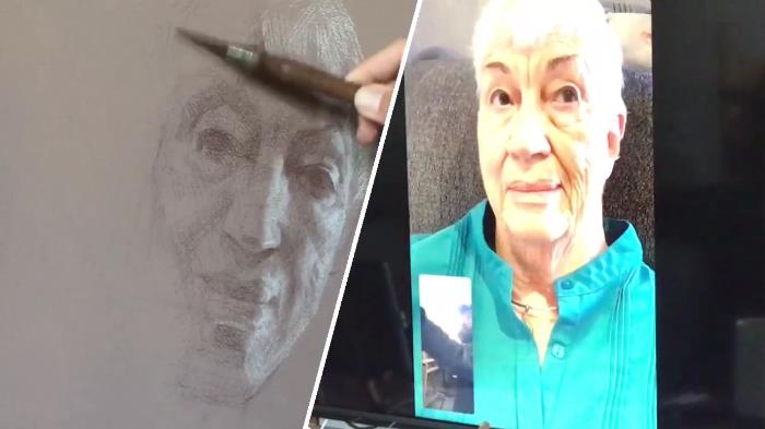 Split photograph showing artist Alexey Steele's hand drawing subject Janet Hoult together with Janet in live stream session October 2020
