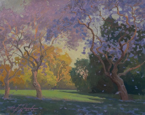 Painting by Alexey Steele titled 'Jacaranda Bloom. Culver City' 2021, oil on linen panel, 16in-x-20in