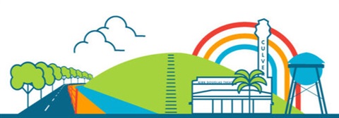 Culver City General Plan Update logo depicting landmarks in the city, including Ballona Creek, the Culver Stairs, the Kirk Douglas Theatre, and the Sony Pictures Studios Water Tower and Rainbow art installation.