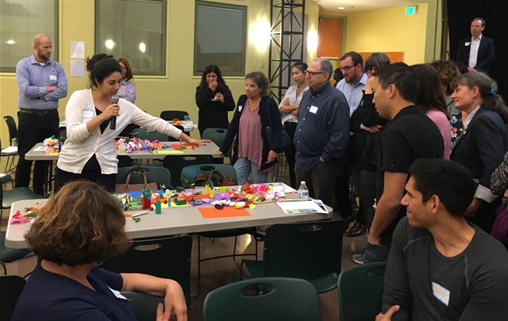 Speaker Series event 'We are the City.' September 5, 2018. An attendee describes a childhood memory with other attendees using various everyday objects.