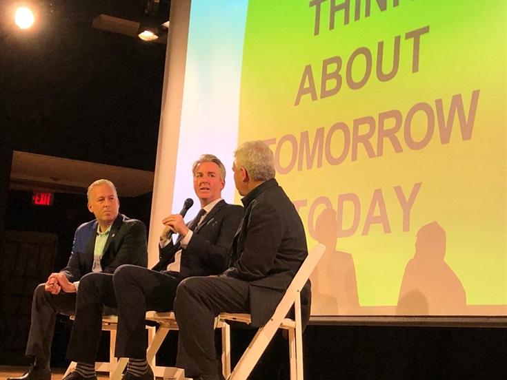 Mayor Thomas Small and Council Member Alex Fisch moderate a discussion with 'Design Shapes the City' Speaker Series event presenter, Christopher Hawthorne, on December 5, 2018.