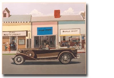 Public painting titled 'Boulevard' showing woman driving early model car down street with signs that read 'Jims Restaurant, Shoe Store and Bicycle Shop'