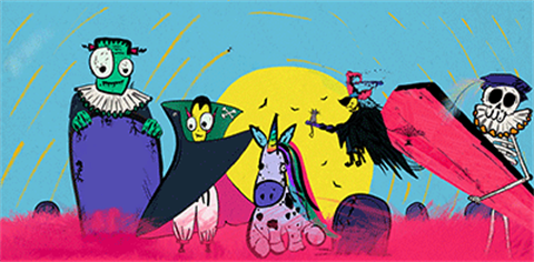 Cartoon images of Frankenstein, Dracula, a witch, a skeleton and a unicorn