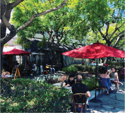 Photograph showing trees and people seated at outdoor dining tables with umbrellas located in sidewalk area along Culver Blvd with retail building in background