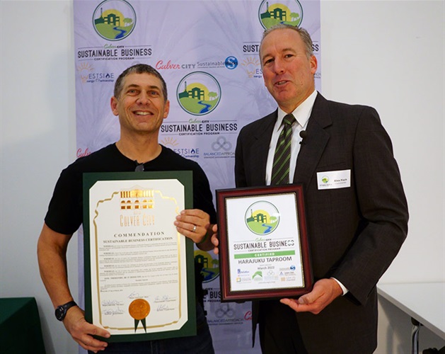 Council Member Alex Fisch presenting Sustainable Certificate to Harujaka Taproom