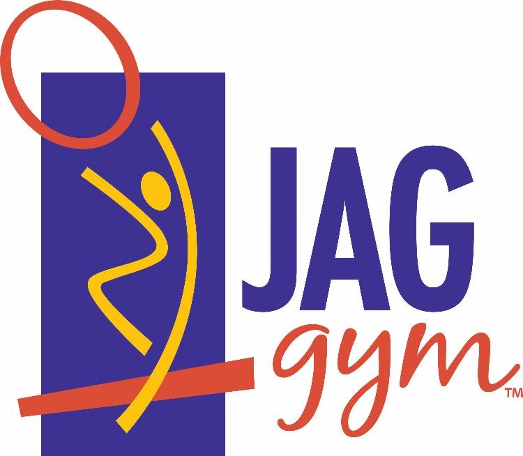 Logo for Jag Gym with line drawing of individual throwing ball