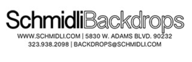 Logo for Schmidli Backdrops www.schmidli.com, 5830 W. Adams Blvd 90232, 323-938-2098, backdrops@schmidli.com