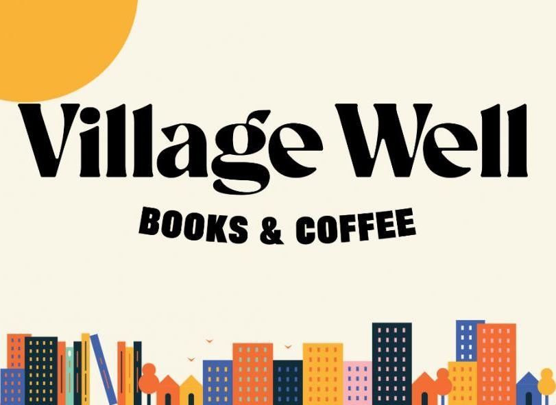 Logo for Village Well Books and Coffee, including image of city buildings and books