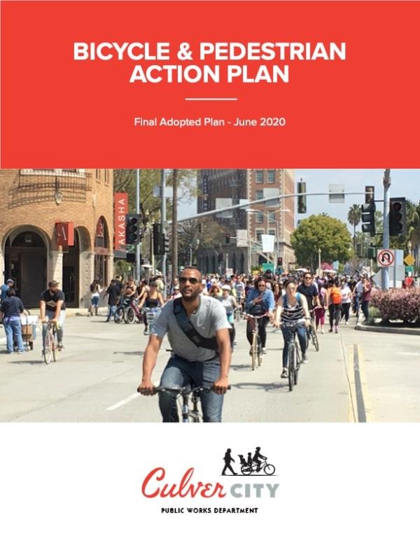 Culver City Bicycle and Pedestrian Action Plan, Final Adopted Plan June 2020, cover page showing photograph of multiple bicyclers in downtown Culver City