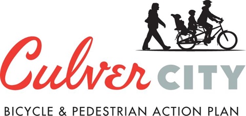 Culver City Bicycle and Pedestrian Action Plan with silhouette of pedestrian and bicycle with three riders
