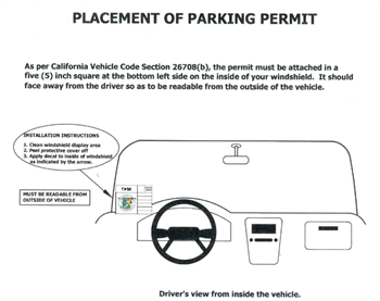 Diagram showing placement of Parking Permit inside on front window in lower left on driver's side