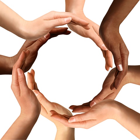 9 diverse hands overlayed to forming a circle