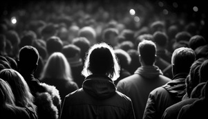 black and white image of the back of a crowd of people