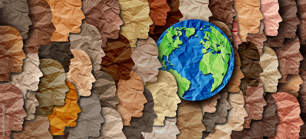 Paper Collage of faces in an array of colors with paper image of the earth.