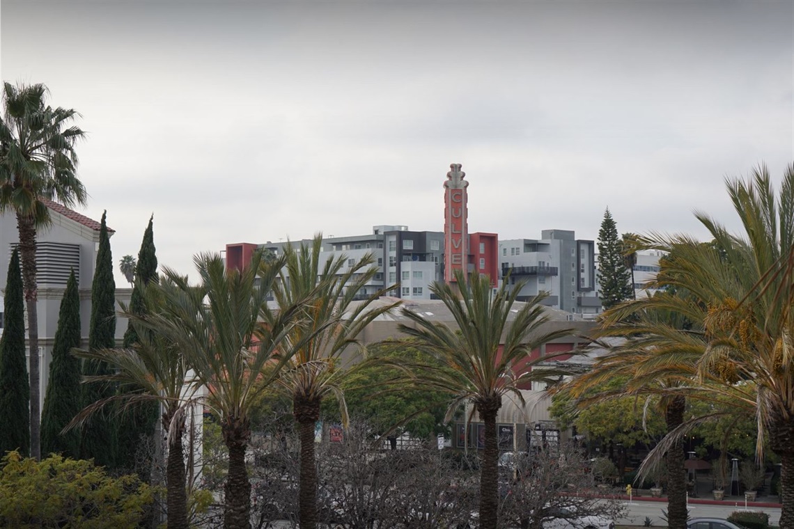 A photo of cloudy skies over looking the downtown Culver City skyline