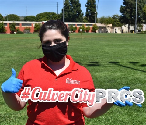 Staff Holding Sign #CulverCityPRCS with Gloves and Thumbs Up.
