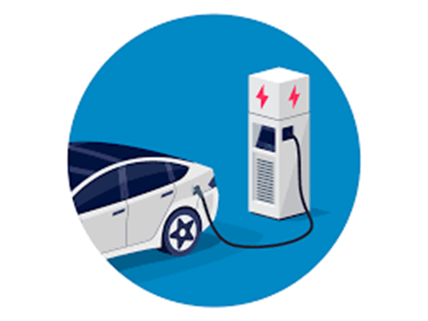 Image of white car charging and electric vehicle charging station
