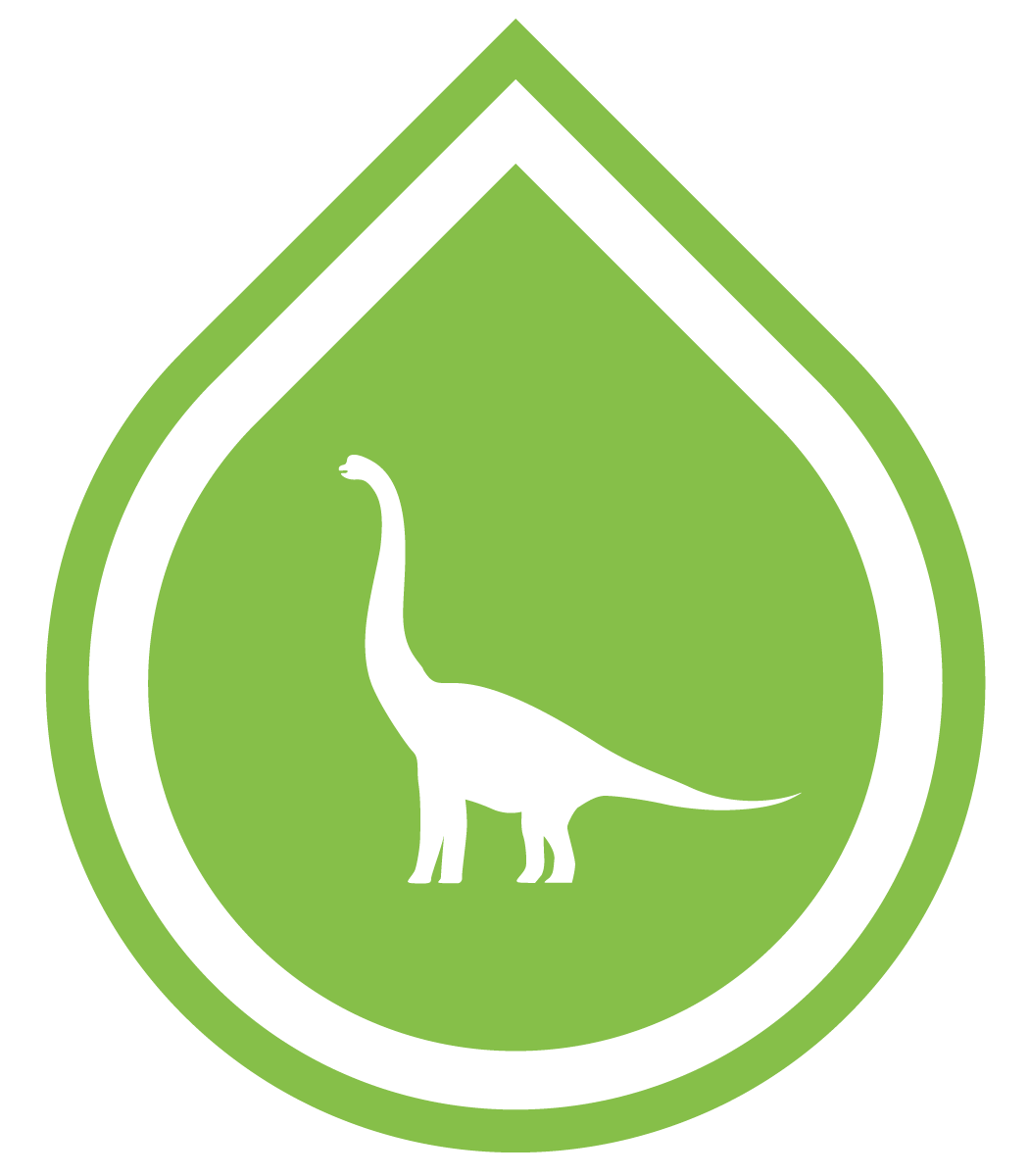 Logo for Green Dinosaur showing shadow of dinosaur in green raindrop