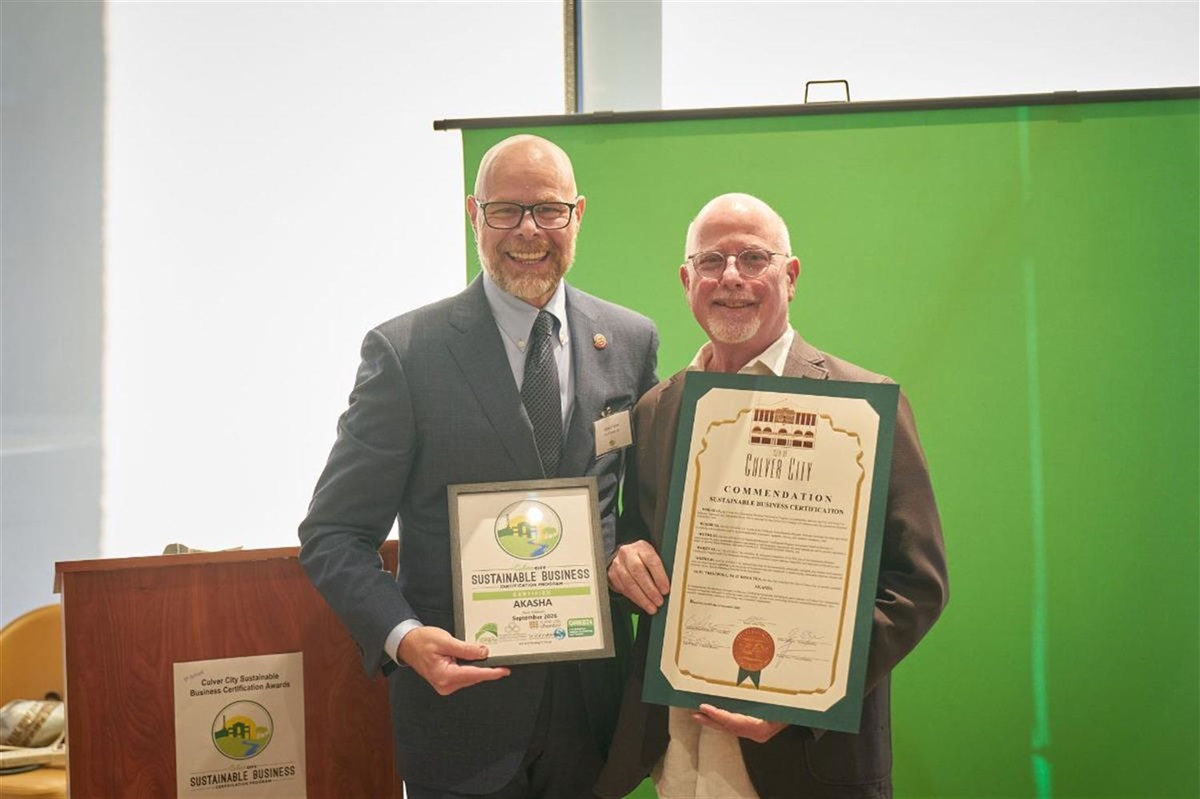 Mayor Albert Vera with Akasha at Culver City Sustainable Business Certification Awards Ceremony 09-12-2023, Justin Han Photography