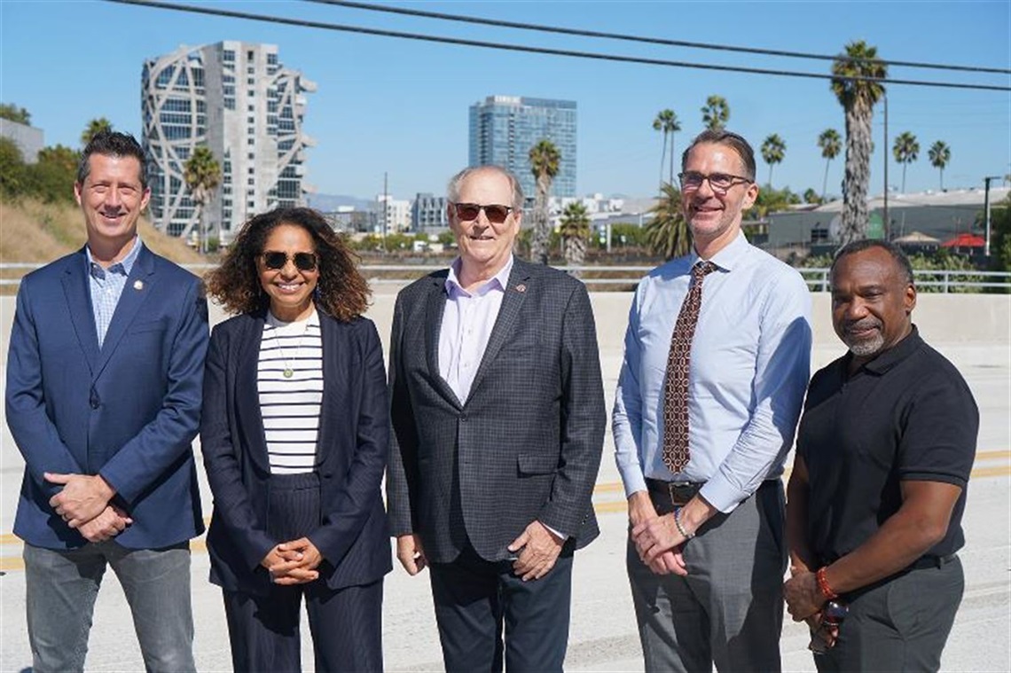 Higuera Bridge Opening on 10/30/2023, featuring (L-R) Council Member Dan O'Brien, Congresswoman Sydney Kamlager-Dove, Council Member Goran Eriksson, Council Member Freddy Puza, and David McNeill from the Baldwin Hills Conservancy