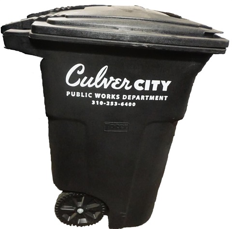 Black trash bin with wheels labeled Culver City Public Works Department 310-253-6400