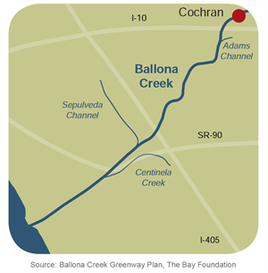 Map of Ballona Creek from the Pacific Ocean through Culver City. It also shows branches for the Sepulveda and Adams Channels and Centinela Ceek.