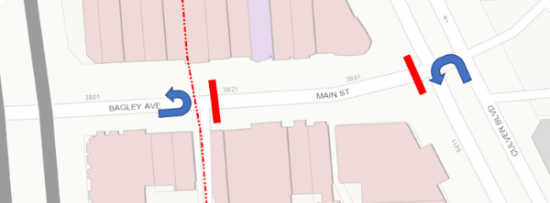Map showing closure of Main St, indicating where u-turns can be made.