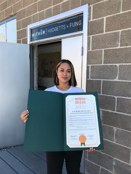 2019-2020 Sustainable Business Certificate presented to Vanessa Martinez from Mithun