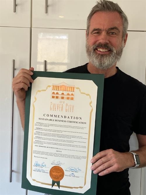 2019-2020 Sustainable Business Certificate presented to Andrew Lynch from Motive LA